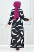 À Motifs Viscose Robe 800 OZR1047-L Noir - Thumbnail