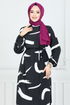 À Motifs Viscose Robe 800 OZR1047-L Noir - Thumbnail