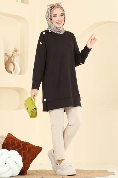 A.Y.D. - Aksesuar Düğme Detaylı Tunik 2727AYD574-MS Kahve - 395623