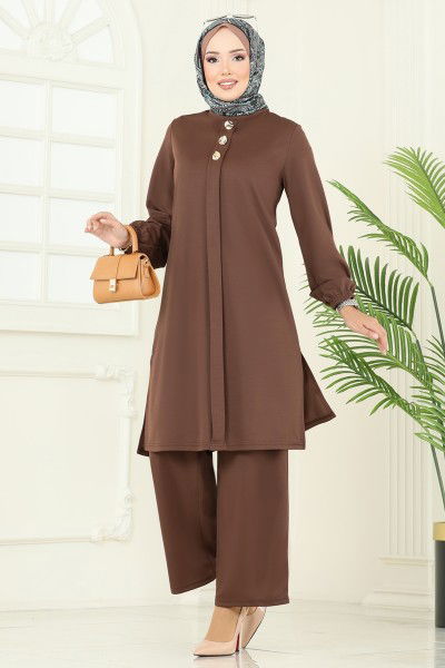 D.V.L. - Aksesuar Düğmeli Tesettür Takım 456DVL817-MS Kahve