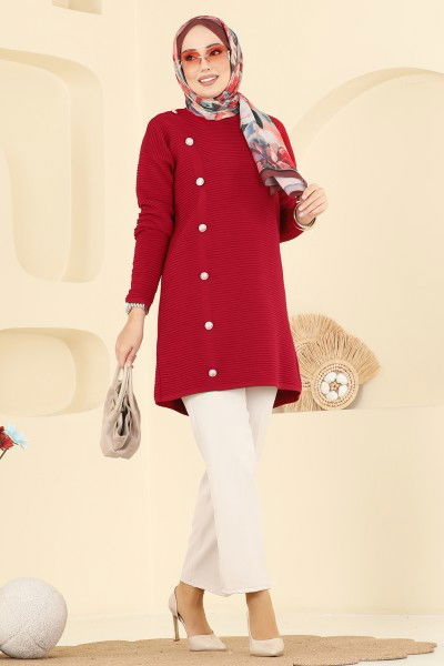 A.Y.D. - Aksesuar Düğmeli Triko Tunik 2735AYD574-MS Kırmızı