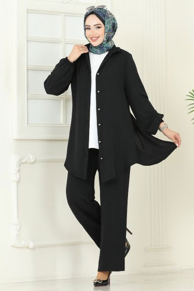 S.L. - Arkadan Fermuarlı Tesettür Takım 2717SL432-MS Siyah