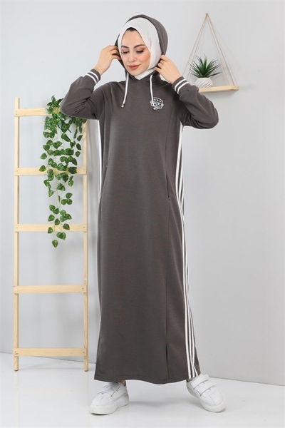 Modamihram - Armalı Çizgili Elbise Gri MİH12100