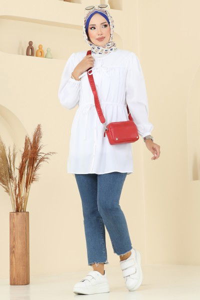 A.S.N. - Bağcık Detaylı Poplin Tunik 287ASN888-MS Ekru