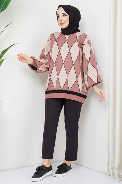 MSV - Baklava Desenli Triko Tunik MSV21205 Gül Kurusu