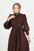 Balon Kollu Krep Elbise 4539ALG1079-M Kahve - Thumbnail