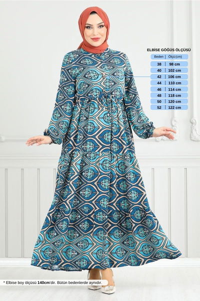 MRV B.G.S. - Beli Bağcıklı Desenli Elbise 1137BGS895-M İndigo