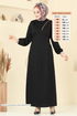 Beli Bağcıklı Krep Elbise 23001UKB139-MS Siyah - Thumbnail