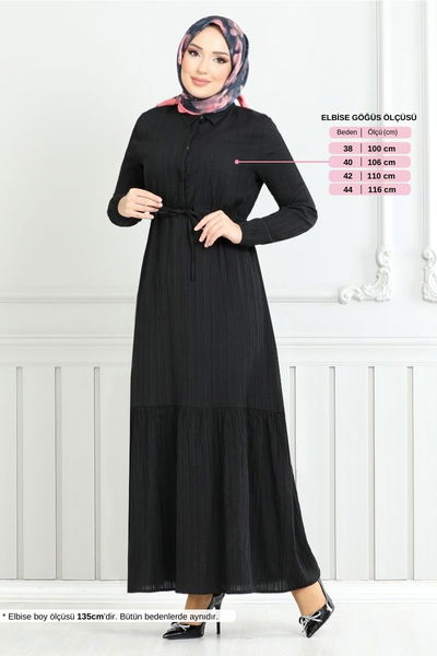 MRV A.S.E. - Beli Bağcıklı Tesettür Elbise 779ASE1099-M Siyah