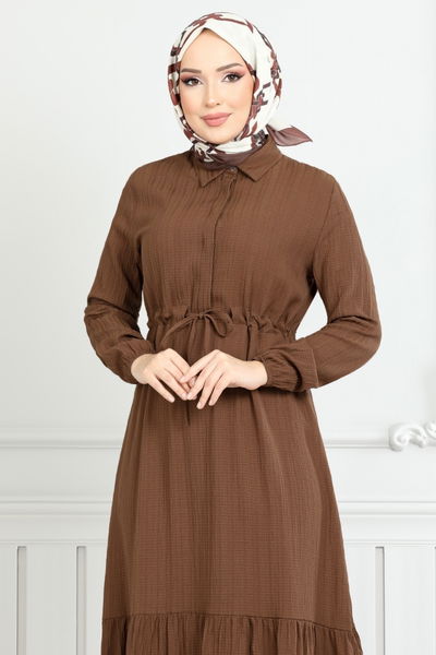 MRV A.S.E. - Beli Bağcıklı Tesettür Elbise 779ASE1099-M Taba - 351578