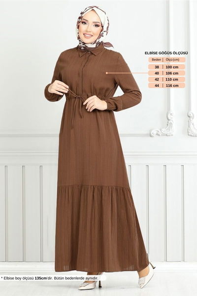 MRV A.S.E. - Beli Bağcıklı Tesettür Elbise 779ASE1099-M Taba - 352853