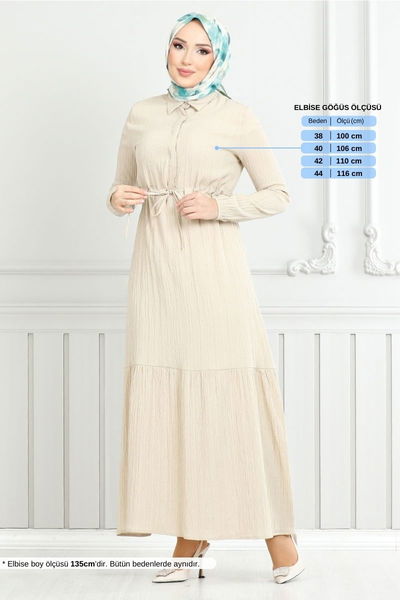 MRV A.S.E. - Beli Bağcıklı Tesettür Elbise 779ASE1099-M Taş - 352851