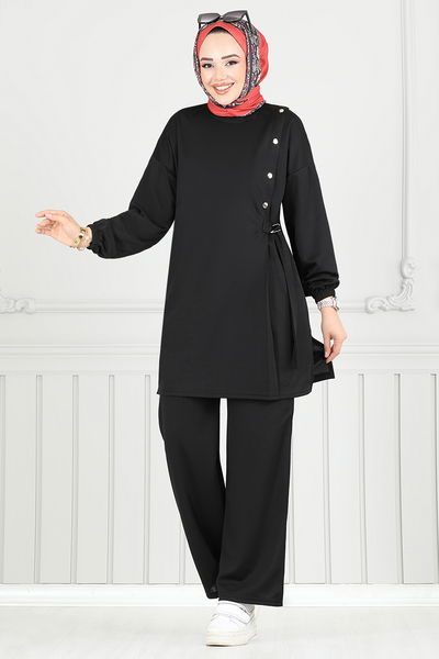 MRV A.Y.D. - Beli Bağcıklı Tesettür Takım 2708AYD969-M Siyah