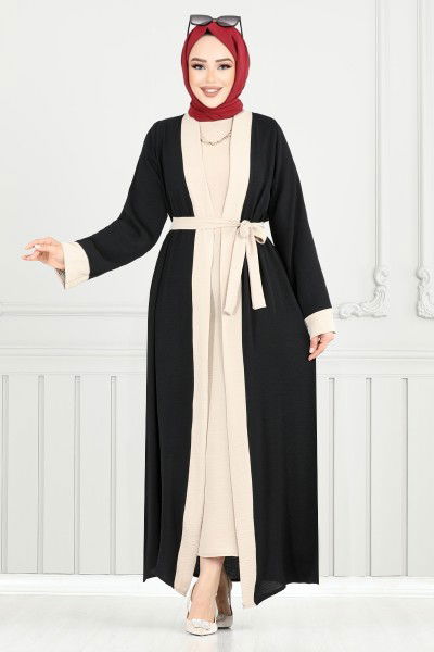 MRV B.G.S. - Beli Kemerli Abaya Takım 0339BGS895-M Siyah