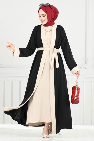 MRV B.G.S. - Beli Kemerli Abaya Takım 0339BGS895-M Siyah - 355449