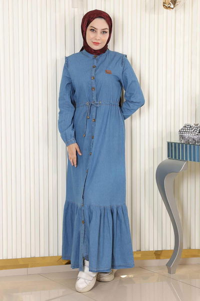 Modamihram - Béli Lacé Boutonné Jeans Robe Ouvert Bleu MIH19193