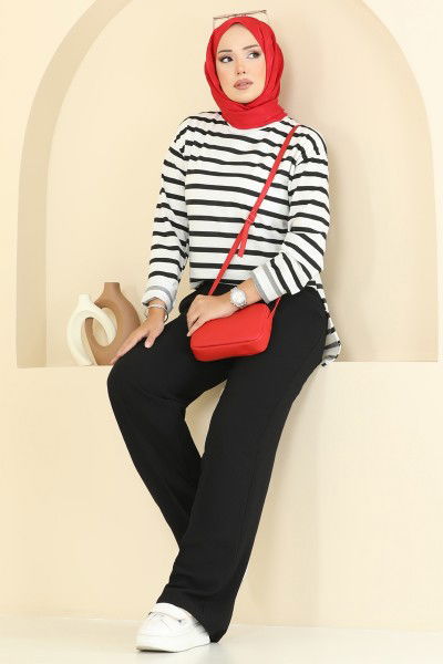 A.B. - Beli Lastikli Krep Pantolon 8119AB368-MS Siyah