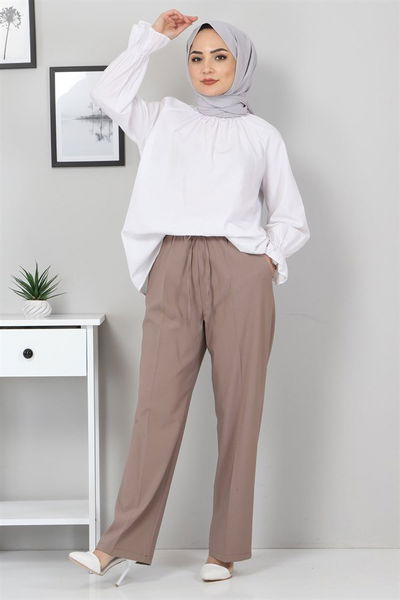 Modamihram - Beli Lastikli Pantolon Vizon MİH10778