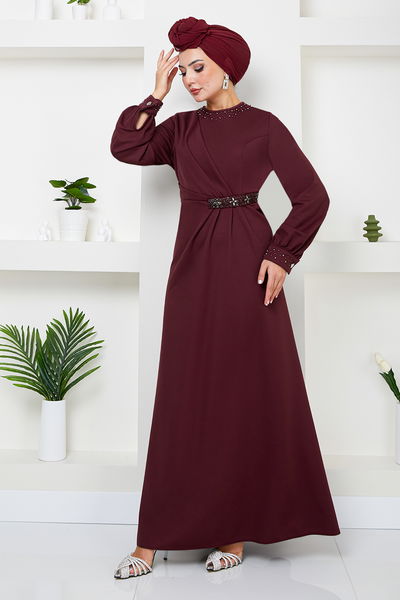 MRV S.L. - Beli The Stone Embroidered Evening dress 5027SL890-M Burgundy - 344302