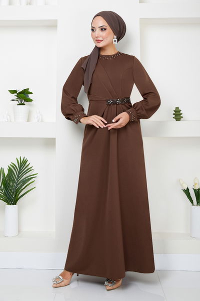 MRV S.L. - Beli The Stone Embroidered Evening dress 5027SL890-M Coffee - 344293