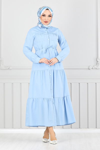 MRV A.S.N. - Beli Tünelli Tesettür Elbise 225ASN936-M Bebe Mavisi