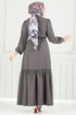 Beli Tünelli Tesettür Elbise 23011UKB139-MS Antrasit - Thumbnail