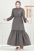 Beli Tünelli Tesettür Elbise 23011UKB139-MS Antrasit - Thumbnail