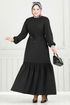 Beli Tünelli Tesettür Elbise 23011UKB139-MS Siyah - Thumbnail