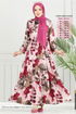 Beli Tünelli Tesettür Elbise 7124BGS895-M Bordo - Thumbnail