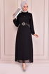 Belt Chiffon Dress Black EFS12441 - Thumbnail