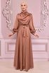 Belt Satin Dress Taba NEV14823 - Thumbnail