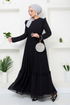 Belted Chiffon Evening dress 5621END900-M Black - Thumbnail