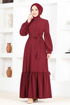 Belted Dress ASM2665 Burgundy - Thumbnail