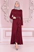 Belted Dress Burgundy KBR5078 - Thumbnail