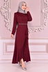 Belted Dress Burgundy KBR5078 - Thumbnail