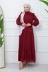 Belted Dress EFS444 Burgundy - Thumbnail