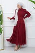 Belted Dress EFS444 Burgundy - Thumbnail