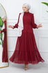 Belted Dress EFS444 Burgundy - Thumbnail