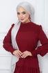 Belted Dress EFS444 Burgundy - Thumbnail