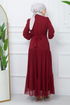 Belted Dress EFS444 Burgundy - Thumbnail