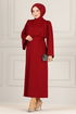 Belted Dress END5439 Burgundy - Thumbnail