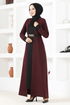 Belted Dress NYA2644 Burgundy - Thumbnail