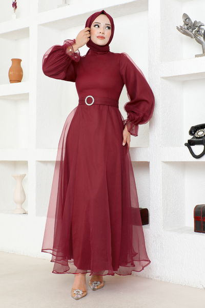 END - Belted Evening dress END5600 Burgundy