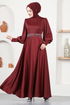 Belted Evening dress MSL5987 Burgundy - Thumbnail