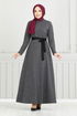 Belted Herringbone Dress 22033UKB929-M Anthracite - Thumbnail