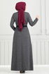 Belted Herringbone Dress 22033UKB929-M Anthracite - Thumbnail