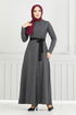 Belted Herringbone Dress 22033UKB929-M Anthracite - Thumbnail