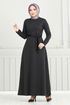 Belted Herringbone Dress 22033UKB929-M Black - Thumbnail