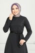 Belted Herringbone Dress 22033UKB929-M Black - Thumbnail