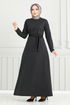 Belted Herringbone Dress 22033UKB929-M Black - Thumbnail